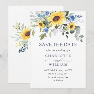 Elegante Eukalyptus-Sonnenblumen-Blumen-Hochzeit-S Save The Date