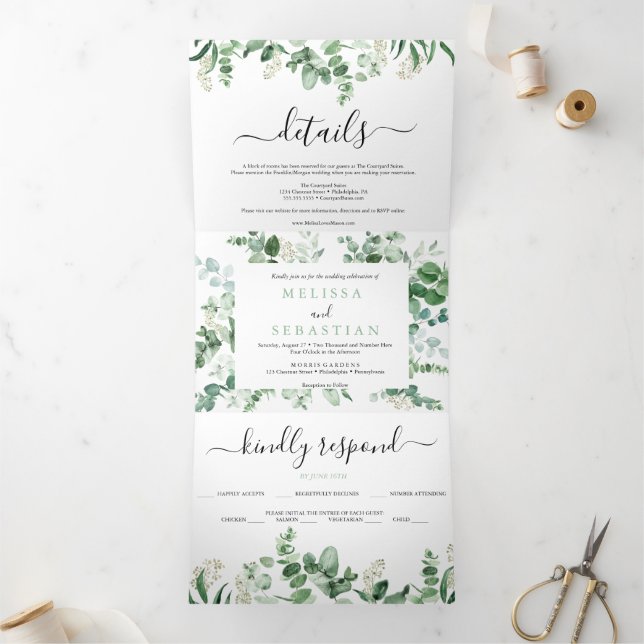 Elegante Eukalyptus triptych Hochzeit Einladung (Innenseite)