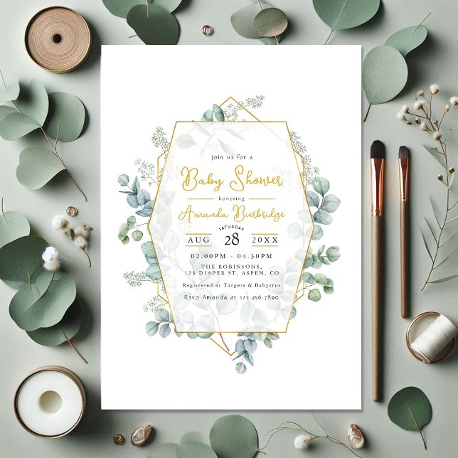 Elegante Eukalyptus- und Gold Geometric-Baby-Dusch Einladung (Elegant Eucalyptus and Gold Geometric Baby Shower Invitation)