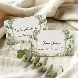 Elegante Eukalyptus- und Goldblumenhochzeit Platzkarte