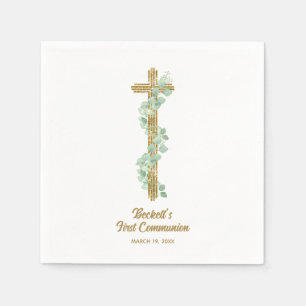 Elegante Eukalyptus- und Kreuz-Erstkommunion Serviette