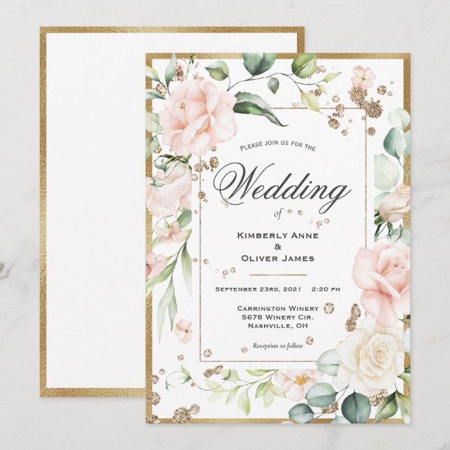 Elegante Eukalyptus Watercolor Pink Wedding Einladung (Vorne/Hinten)