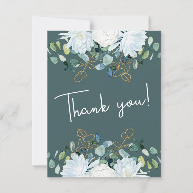 Elegante Eukalyptus-weiße Blume Foto Hochzeit Dankeskarte (Vorderseite)