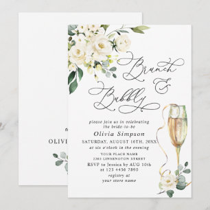 Elegante Eukalyptus Weiße Rosen Brunch & Sekt Einladung