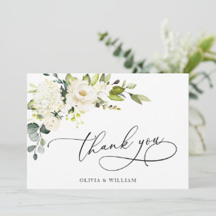 elegante Eukalyptus Weiße Rosen Floral Dankeskarte