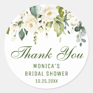 Elegante Eukalyptus Weiße Rosen Florale Dankeschön Runder Aufkleber