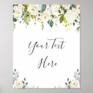 Elegante Eukalyptus Weiße Rosen Florales Schild Po
