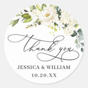 Elegante Eukalyptus Weiße Rosen Hochzeit Danke Runder Aufkleber