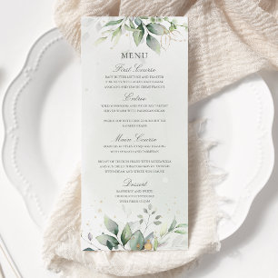 Elegante Eukalyptusblätter Grün Gold Hochzeit Menükarte