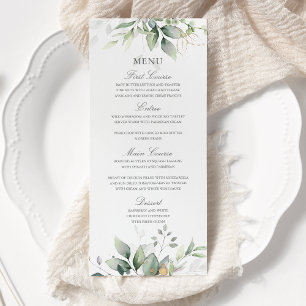Elegante Eukalyptusblätter Grün Gold Hochzeit Menükarte