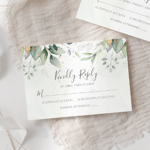Elegante Eukalyptusblätter Grün Gold Hochzeit RSVP Karte
