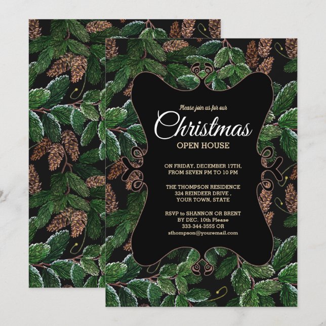 Elegante Evergreen Christmas Open House Einladung (Vorne/Hinten)