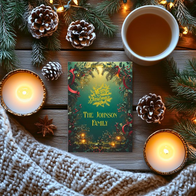 Elegante Evergreen Garland mit Familiengrüßen Einladung (Von Creator hochgeladen)