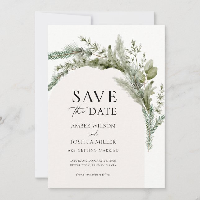 Elegante Evergreen Winter Wedding Save the Date Einladung (Vorderseite)