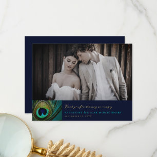 Elegante exotische Pfauenfeder Boho Hochzeitsfoto Dankeskarte