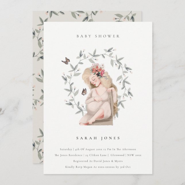 Elegante Expectant Women Foliage Baby Shower laden Dankeskarte (Vorne/Hinten)