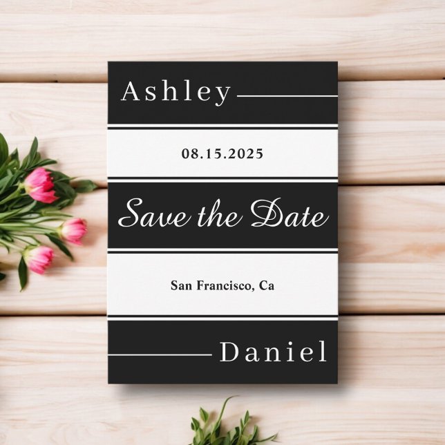 Elegante Extravagante Schwarz-Weiß Streifen Chic W Save The Date (Von Creator hochgeladen)