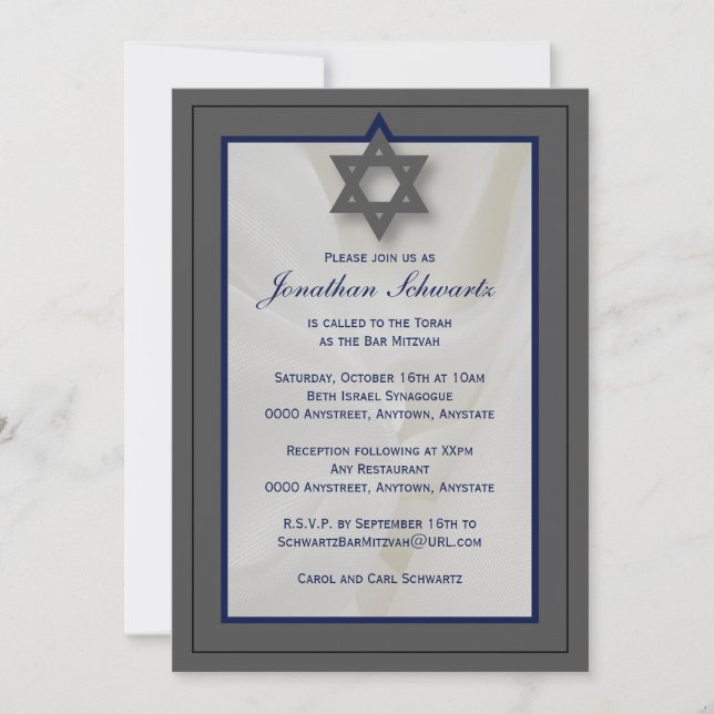 Elegante Fabric Bar Mitzvah Einladung in Grau (Vorderseite)
