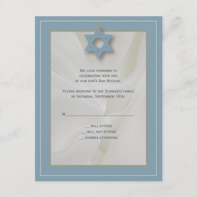 Elegante Fabric Bar Mitzvah Reply Card in Blue RSVP Karte (Vorderseite)