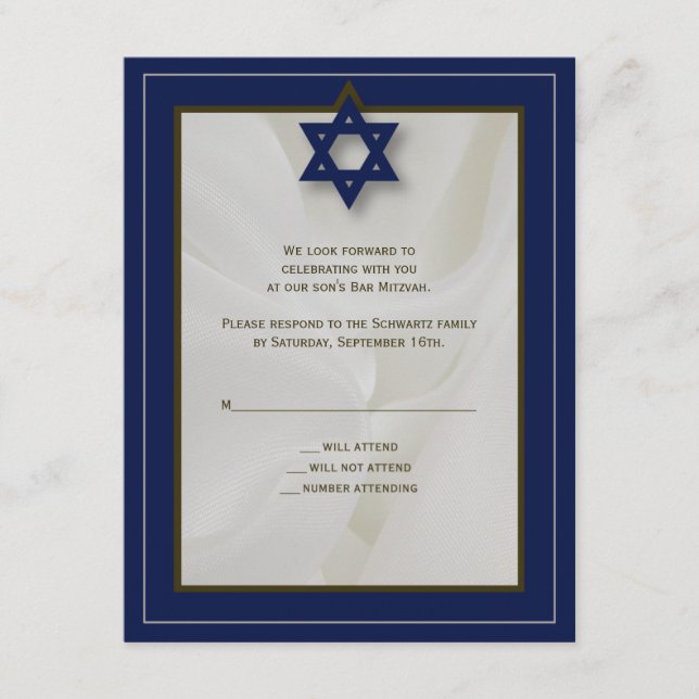 Elegante Fabric Bar Mitzvah Reply Card in der Mari RSVP Karte (Vorderseite)