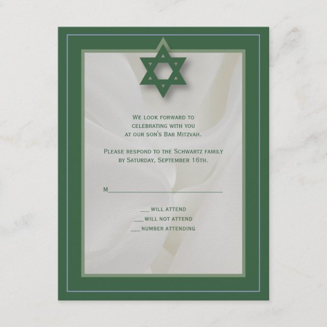 Elegante Fabric Bar Mitzvah UAWG Reply in Green RSVP Karte (Vorderseite)