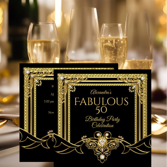 Elegante Fabulous Gold Jewel Black Birthday Party Einladung (Von Creator hochgeladen)