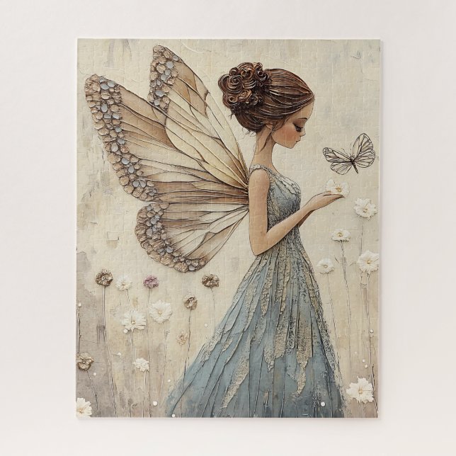 Elegante Fairy & Butterfly Mosaik Fantasy in Blue Puzzle (Vertikal)