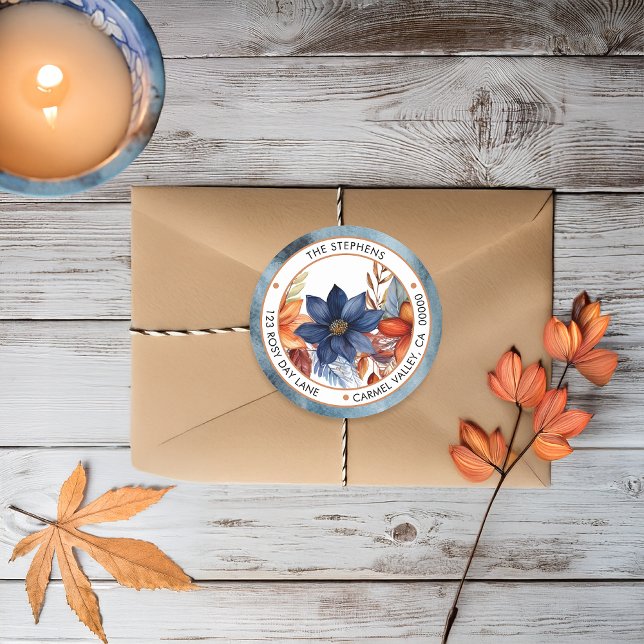 Elegante Fall Blue Floral Circle Rücksendeadresse Runder Aufkleber (Boho Blue and Terracotta Fall |  Autumn Floral Return Address Envelope Seal)