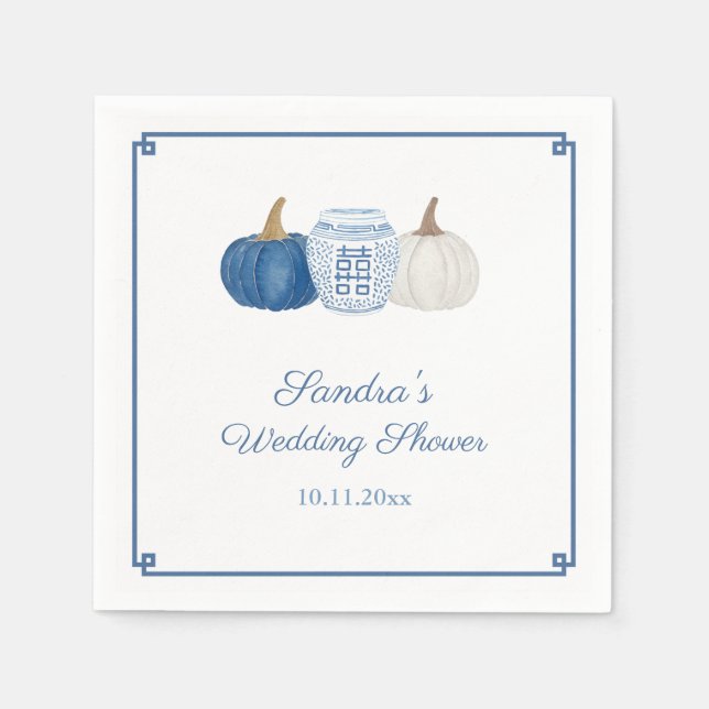Elegante Fall Blue White Pumpkins Brautparty Serviette (Vorderseite)