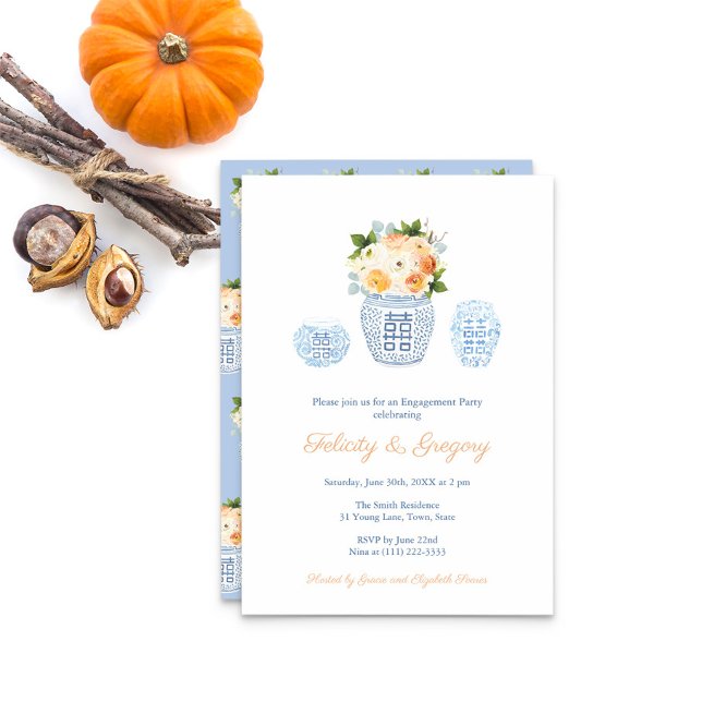 Elegante Fall Blume Orange Rust Engagement Party Einladung (Elegant engagement party invitation featuring a ginger jar filled with autumn flowers and pumpkins)