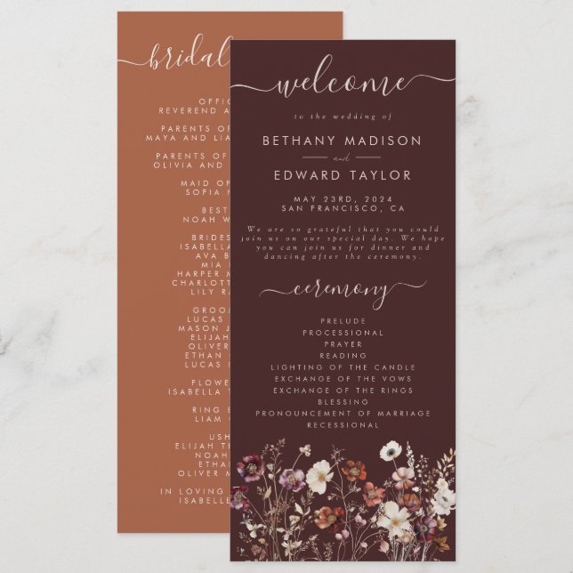 Elegante Fall Brown Floral Wedding Programm (Vorne/Hinten)