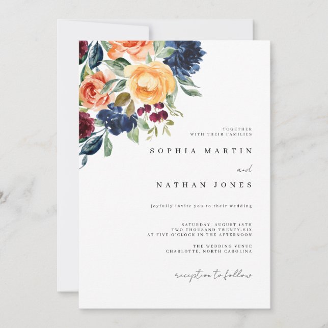 Elegante Fall Burgundy Watercolor Florals Wedding Einladung (Vorderseite)