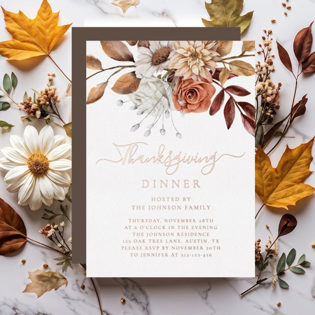 Elegante Fall Floral Erntedank Abendessen Rose Gol Folieneinladung (Elegant Fall Floral Thanksgiving Dinner Rose Gold Foil Invitation)