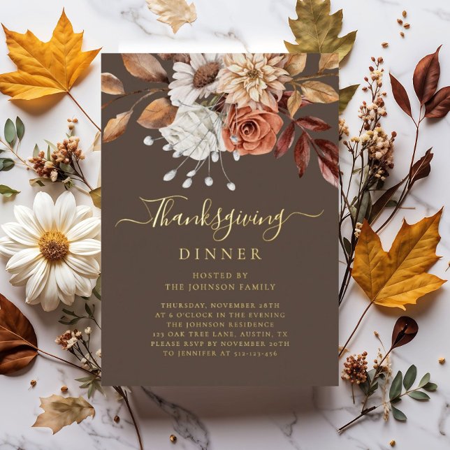 Elegante Fall Floral Erntedank Dinner Gold Folieneinladung (Elegant Fall Floral Thanksgiving Dinner Gold Foil Invitation)