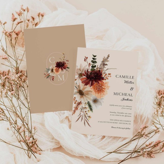 Elegante Fall Floral Wedding Einladung (Rustic Burgundy Floral Wedding Invitation)
