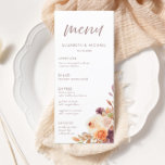 Elegante Fall Floral Wedding Menu Card Menükarte<br><div class="desc">Fügen Sie Ihrem Hochzeitsempfang eine Touch Eleganz mit dieser individuell gestaltbaren Blumenkarte hinzu. Mit moderner Kalligraphie an der Spitze, sanften Wasserfarbenfloralen in warmen Tönen und einer sauberen, minimalistischen Anordnung ist dieses Menü ideal, um Ihre Vorspeisen, Vorspeisen, Desserts und Getränke zu präsentieren. Personalisieren Sie Ihre Namen, Ihr Hochzeitdatum und Ihre persönlichen...</div>