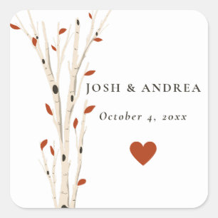 Elegante Fall Foliage Rustic Wood Wedding Quadratischer Aufkleber