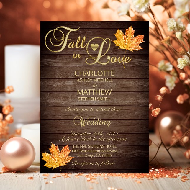 Elegante FALL in LIEBE Rustikale Holzhochzeit Einladung (Elegant FALL in LOVE Rustic Wood Wedding Invitation)