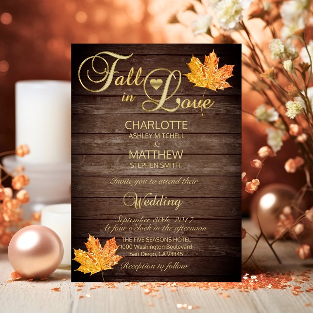 Elegante FALL in LIEBE Rustikale Holzhochzeit Einladung (Elegant FALL in LOVE Rustic Wood Wedding Invitation)