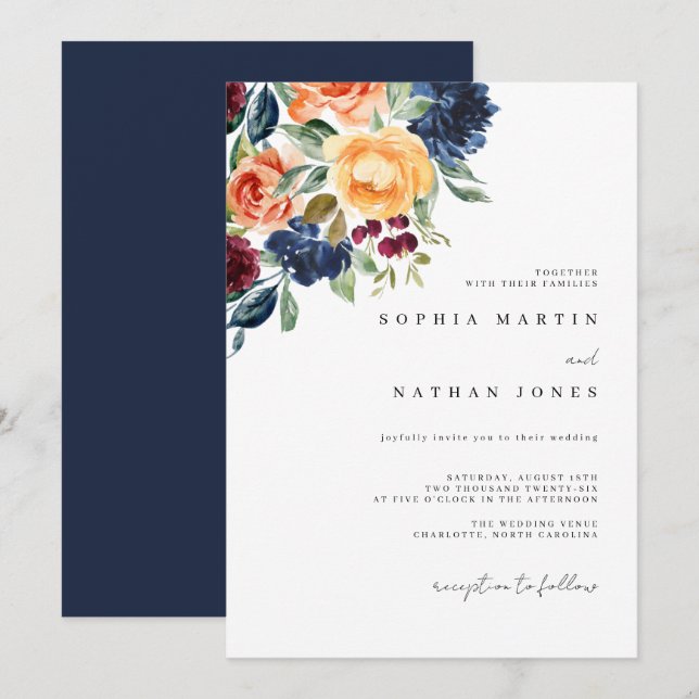 Elegante Fall Navy Wasserfarbe Florals Hochzeit Einladung (Vorne/Hinten)