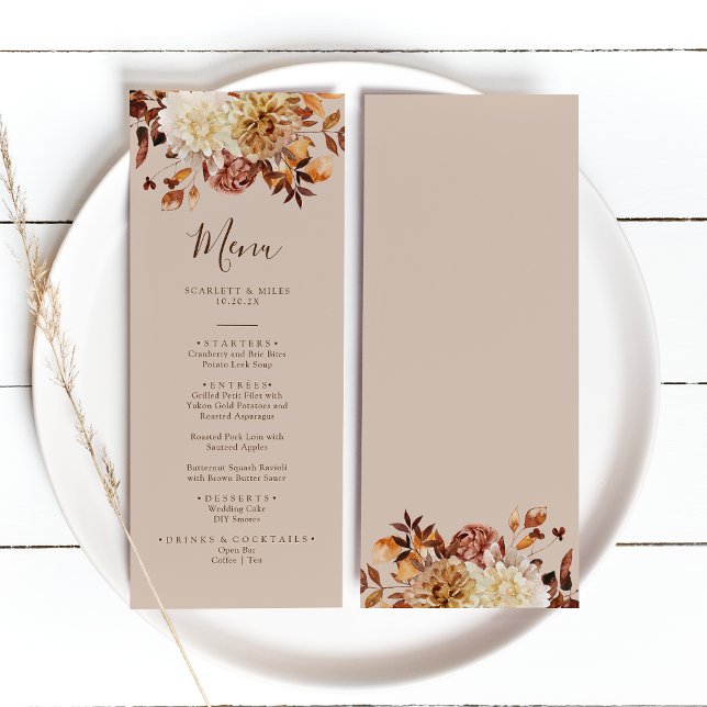 Elegante Fall Wasserfarbe Terracotta auf dem Monte Menükarte (Elegant Fall Watercolor Terracotta Floral Wedding Menu by Painted Paperie
)