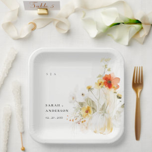 Elegante Fall Wildblume Pumpkin Wasserfarbenhochze Pappteller