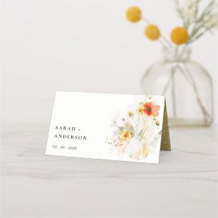 Elegante Fall Wildblume Pumpkin Wasserfarbenhochze Platzkarte