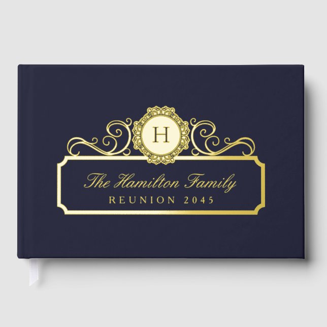 Elegante Familie Reunion Gold Monogram Navy Blue Gästebuch (Vorderseite)