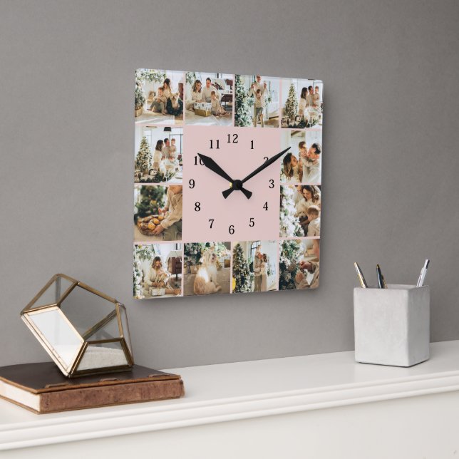 Elegante Familienfoto Collage Blush Pink Keepake Quadratische Wanduhr (Büro)