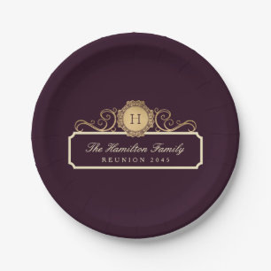 Elegante Familientreffen Gold Monogramm Burgunder Pappteller