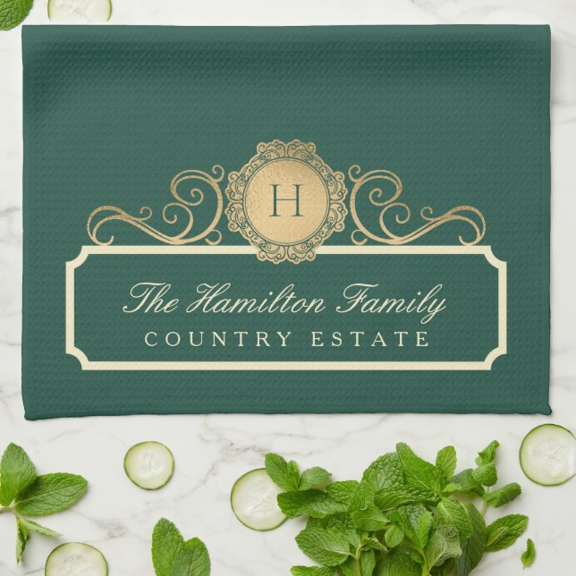 Elegante Family Zuhause Monogram Heritage Green Geschirrtuch (Gefaltet)