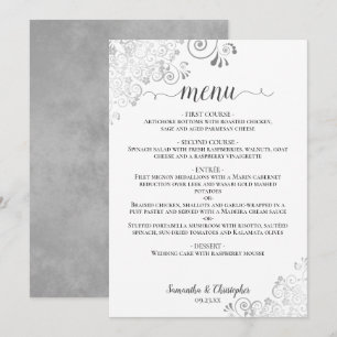Elegante Fancy Silber Locken auf Weißer Chic Hochz Menükarte