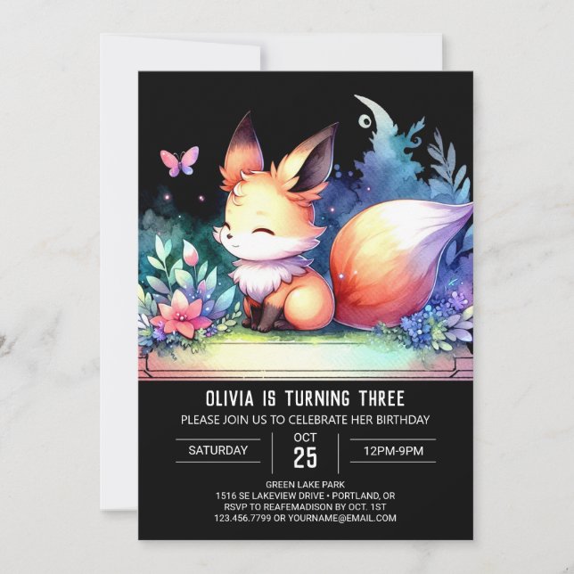 Elegante Fantasy Fox Geburtstag digital Einladung (Vorderseite)