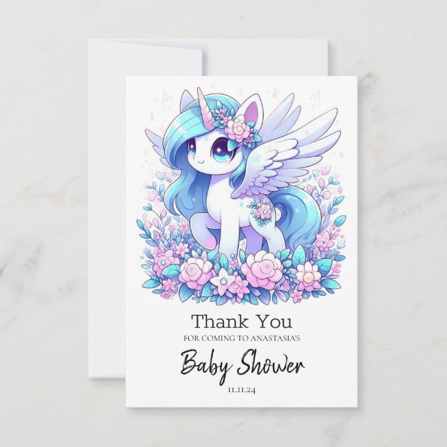 Elegante Fantasy Unicorn Kinderdusche Dankeskarte (Vorderseite)